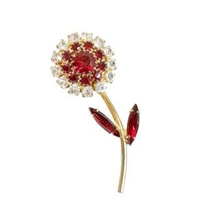 Vintage Ruby Red & Clear Navette Rhinestone Gold Tone Brooch